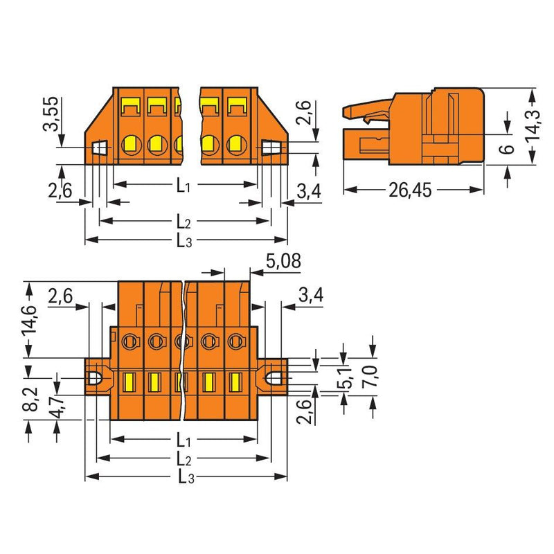 WAGO - Kabelsteckverbinder für Leiterplattensteckverbinder 1-Leiter-Federleiste 231-305/031-000 CAGECLAMP,2,5mm²,or − 50 Stück