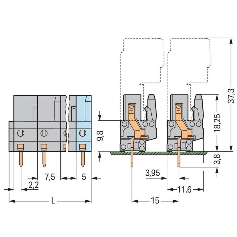 WAGO - Leiterplattensteckverbinder THT-Federleiste gerade 232-735/045-000 Maß 7,5mm,grau − 50 Stück