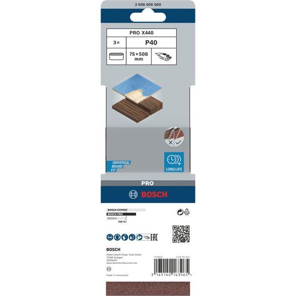 Bosch - Schleifpapier/Schleifvlies PRO X440 Schleifband, 75 x 2608606060 508 mm, G40, 3-tlg