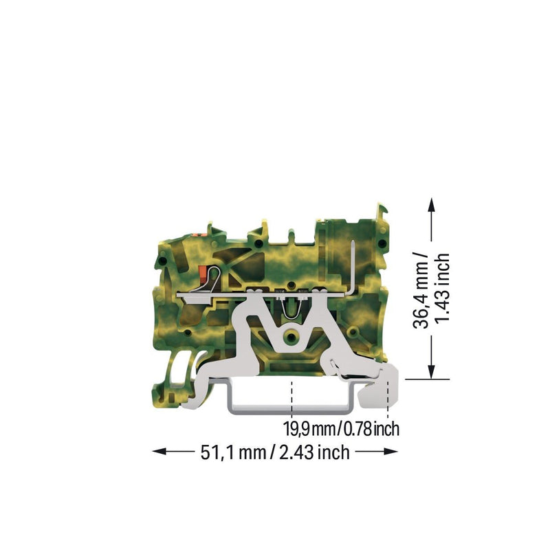 WAGO - Schutzleiter-Reihenklemme 1-Leiter/1-Pin-PE-Basiskl. 2222-1207/999-953 Drücker,2,5mm²,gnge − 100 Stück