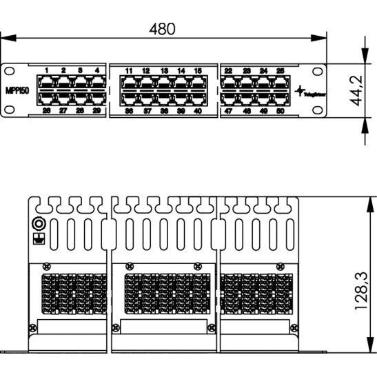 Telegärtner - Patchpanel Kupfer 19" ISDN-Panel 50-Port MPPISDN 50-H kurz 1HE, RAL7035 − 1 Stück