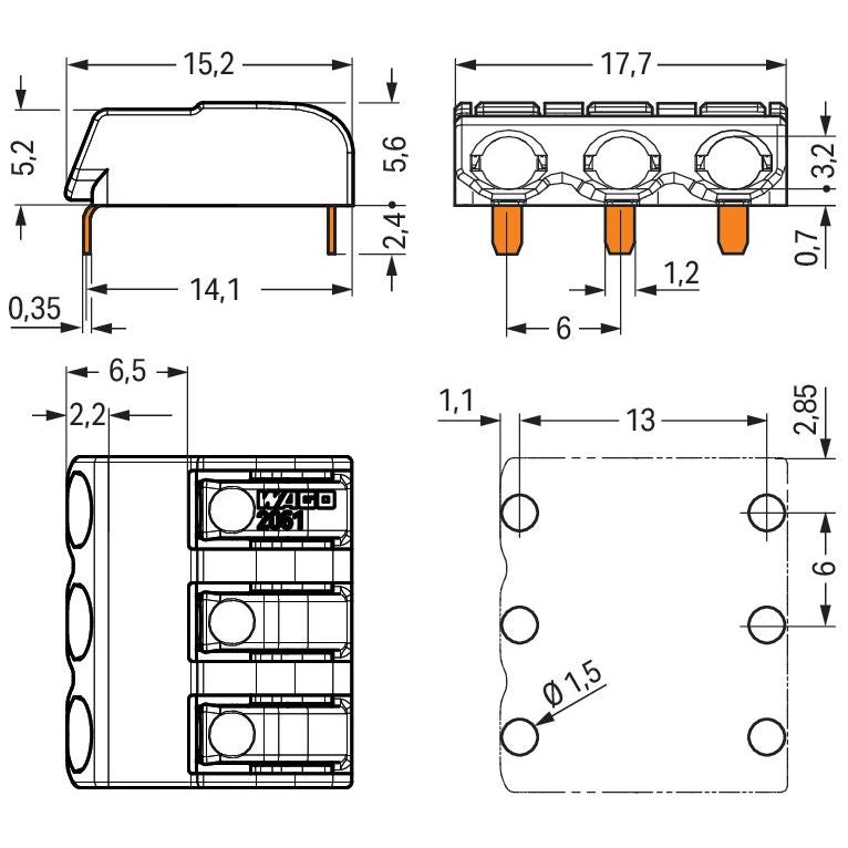 WAGO - Ein- und mehrpolige Klemmenleiste THR-Leiterplattenklemme 2061-1603/998-404 Drücker,1,5 mm²,weiß − 2880 Stück