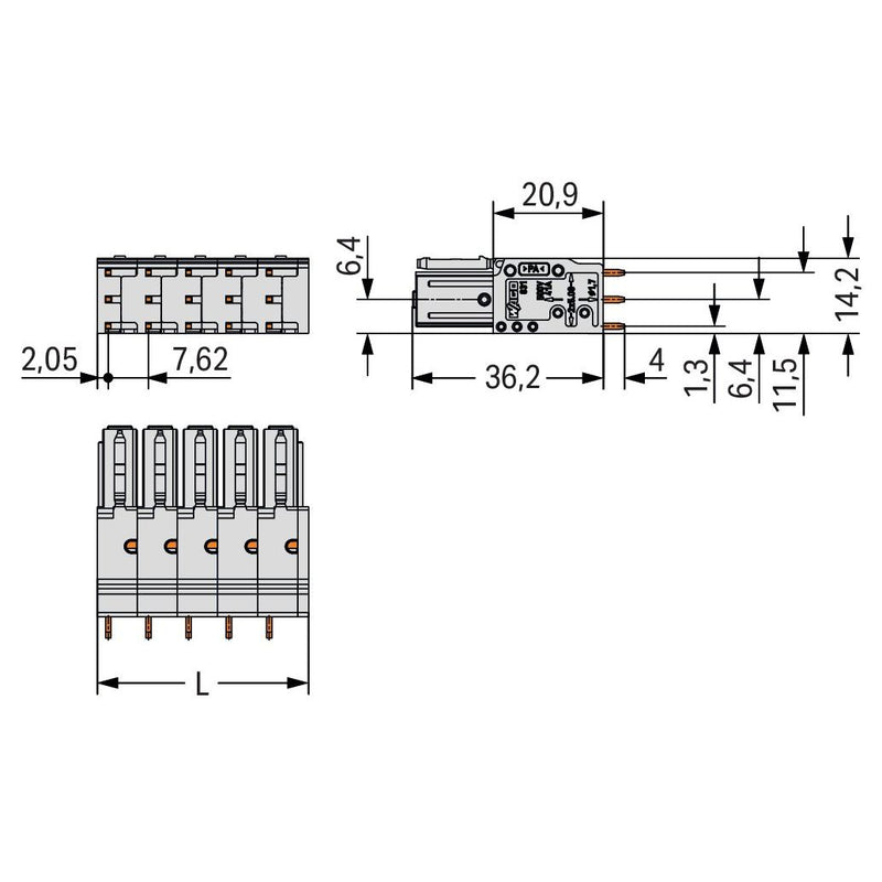 WAGO - Leiterplattensteckverbinder THT-Federleiste gerade 831-3509 Maß 7,62mm,lgr − 12 Stück