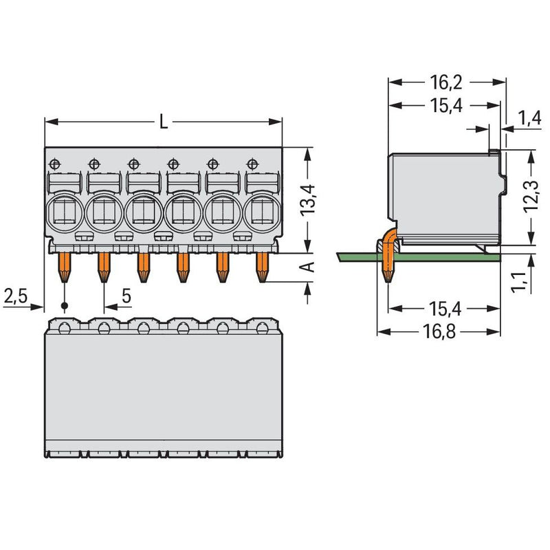 WAGO - Leiterplattensteckverbinder 1-Leiter-THT-Federleiste 2092-1352 CAGE CLAMP,lichtgrau − 100 Stück