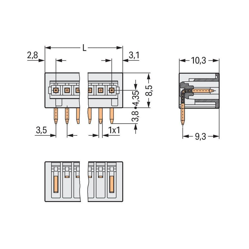 WAGO - Leiterplattensteckverbinder THT-Stiftleiste Lötstift 734-166 1,0x1,0,abgew.,lgr − 100 Stück