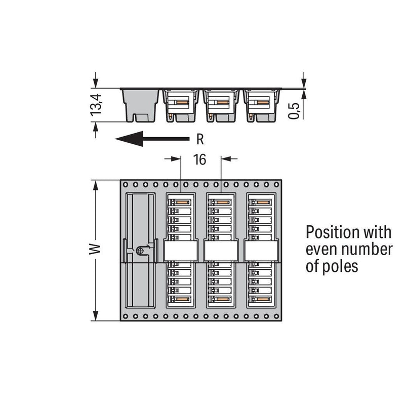 WAGO - Leiterplattensteckverbinder THR-Stiftleiste Lötstift 734-172/105-604/997- 1,0x1,0,abgew.,sw − 280 Stück