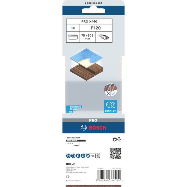 Bosch - Schleifpapier/Schleifvlies PRO X440 Schleifband, 75 x 2608606064 508 mm, G120, 3-tlg