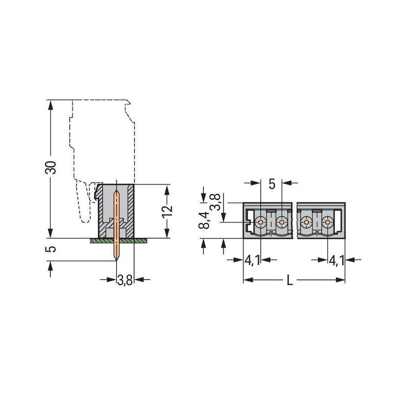 WAGO - Leiterplattensteckverbinder THT-Stiftleiste Lötstift 231-183/001-000 1,2x1,2,gerade,grau − 50 Stück