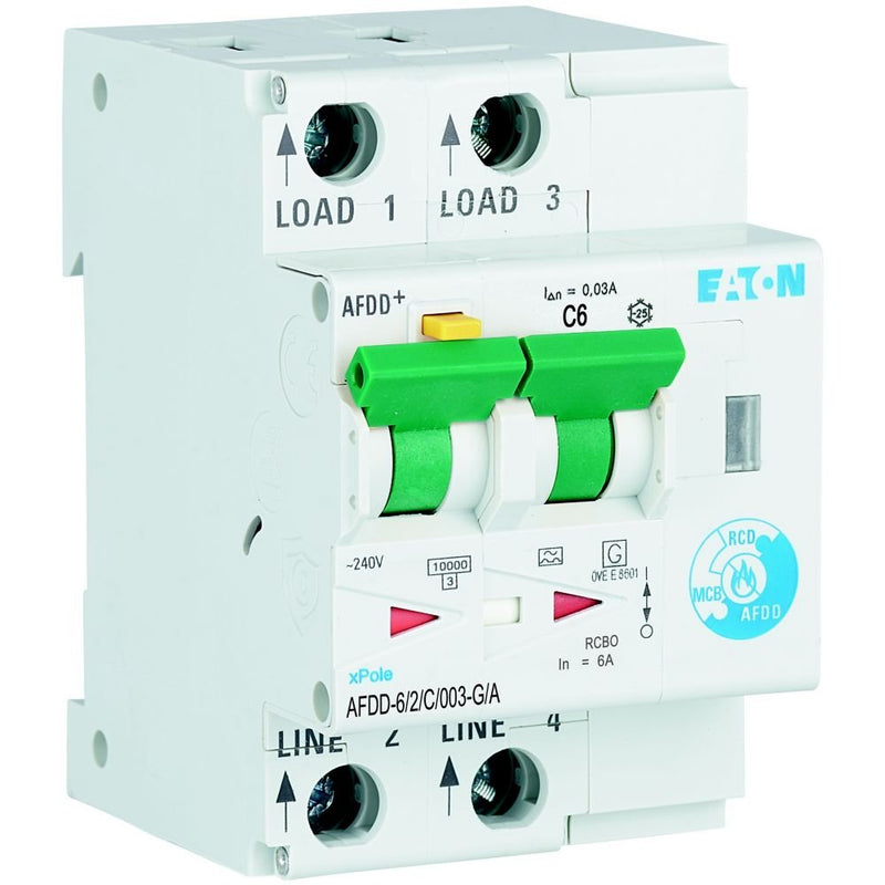 Eaton - Kombination FI-Schalter/Leitungsschutzschalter mit Zusatzeinrichtung Brandschutzschalter AFDD-6/2/C/003-G/A 2p,C,6A,30mA,TypG/A
