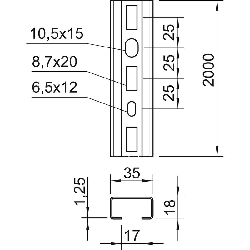 OBO Bettermann - Stiel/Profilschiene Profilschiene CML3518P2000FS m.Lochung − 2 Meter