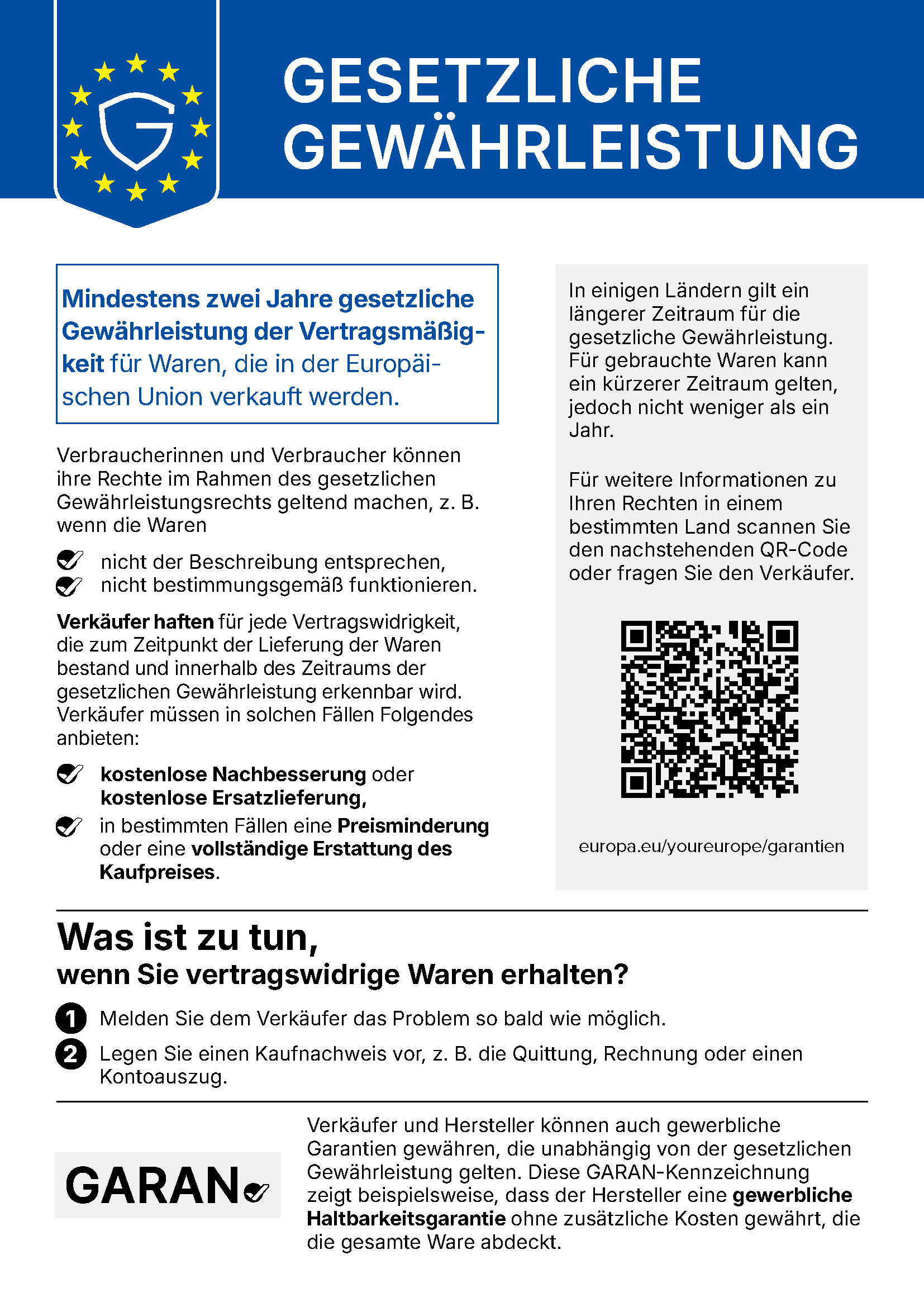 Offizieller EU-Hinweis zur gesetzlichen Gewährleistung mit Informationen und QR-Code